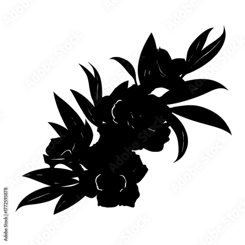 Red clay flowers are set isolated on a transparent background in this modern realistic illustration of a blooming plant, complete with green leaves, red petals, and a glossy plastic blossom, evoking