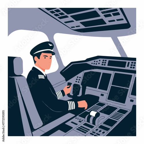 Pilot in airplane cockpit operating controls with hands aviation.