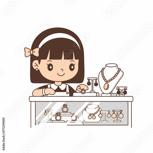 Adorable cartoon girl shopkeeper at her jewelry store counter.
