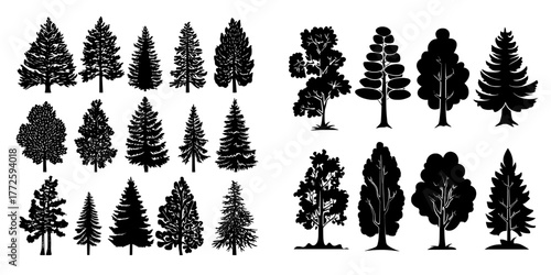 Contemporary trees are depicted in isolation against a white backdrop, characterized by a simple and flat design, suitable for incorporation into posters, banners, or cards, and evoking a forest