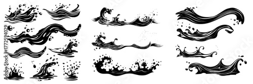Modern realistic illustration of blue ocean, sea or river waves with drops, set against a white background with isolated papercut water splashes, for summer resort, cosmetics, drink, or ecology