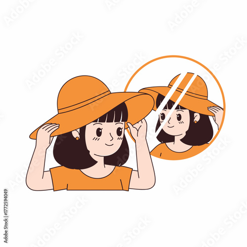 Cute cartoon girl with short hair trying on a large orange sun hat.