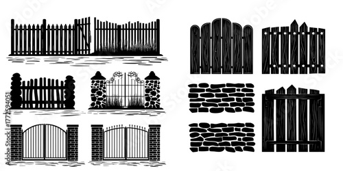 A modern cartoon illustration features isolated wooden and stone fences on a white background, depicting a rural farm, city garden, house backyard, old cemetery gate and barrier constructed from