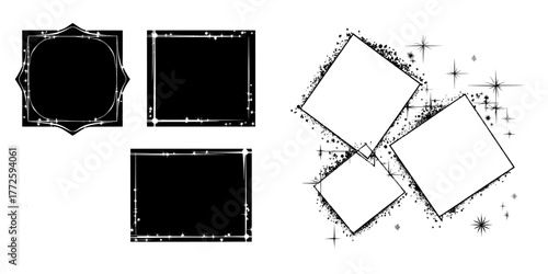 Y2k golden frames are set against a background in isolation, showcasing a modern and realistic illustration of abstract yellow borders adorned with stars and sparkles, embracing a retro line art