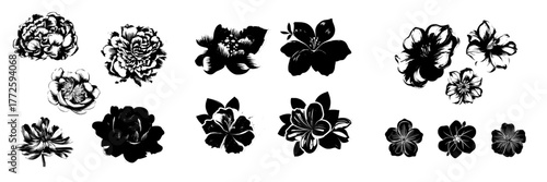 Modern 3D stickers featuring puffy floral shapes with purple, pink, and yellow petals are set against a white background in a Y2K color flower arrangement