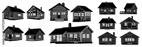 Wooden log houses are depicted in a modern cartoon illustration as a mountain glamping chalet, forest camp hut, or village cottage, complete with patio, stairs, glass doors, windows, and a chimney on