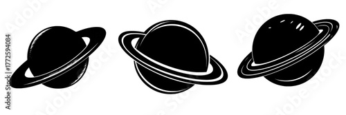 The silhouette of Planet Saturn, a planet with modern planetary rings, set against the backdrop of the cosmos and other planetary silhouettes