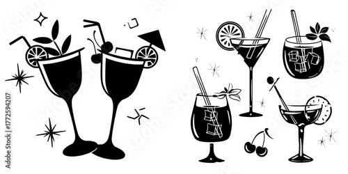 Retro-style cocktail glasses adorned with garnishes including mint leaves, citrus, cherries, and ice cubes, set against a backdrop of stylized line art featuring geometric stars, circles, and