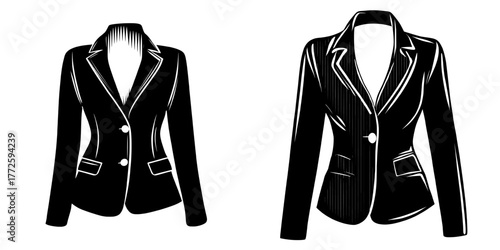 The fashion flat sketch features a women's jacket, showcasing modern illustration techniques, with CAD and technical drawing details, in a template or mockup design
