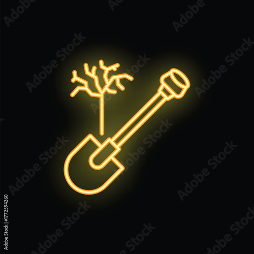 Glowing neon icon of a shovel ready to dig up a dead tree, perfect for representing concepts of landscaping, gardening, or removal