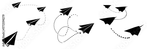 Illustration of blue paper plane arrows and dotted line paths set against a white background, featuring origami aircraft and simplistic airplane icons with dash trajectory trails, symbolizing cute