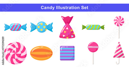 Collection of colorful candy and sweet illustrations including lollipops, wrapped candy, and bonbons. Perfect for festive, party, food, and children design projects.
