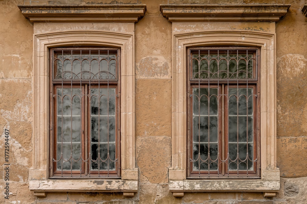 Fototapeta premium Old Windows Secured with Decorative Grilles on a Stone Facade