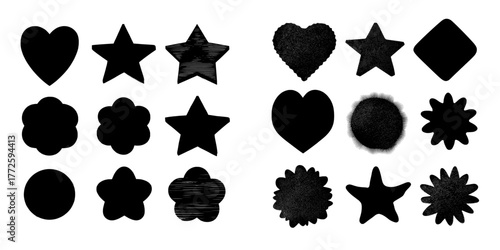 A white background isolates abstract grainy shapes of modern heart, star, moon, rhombus, and flower figures with realistic gradient textures and blurry icons