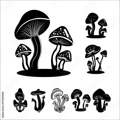 Vibrant and luminous mushroom illustrations are offered as part of a psychedelic set, complete with trippy and fairytale-inspired clipart on a black background