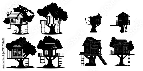 Modern cartoon illustration of small wooden huts with rope ladders on green trees in summer park, kindergarten on home backyard, kids game camp, set isolated on white background with cute treehouses