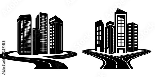 Modern urban architecture is depicted in a cartoon illustration featuring isolated city crossroad buildings on a white background, including office skyscrapers, shops, and apartment houses at a town