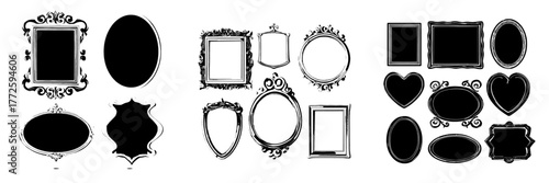 Isolated antique golden mirror frames are set against a background, depicted in a modern cartoon illustration featuring vintage yellow borders in square, oval, and heart shapes for photos and