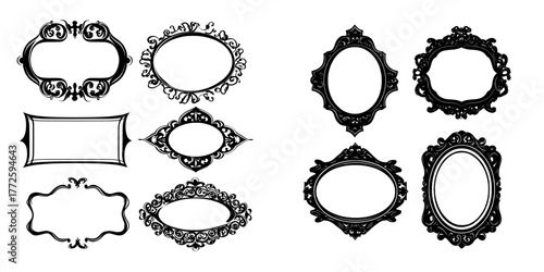 Modern cartoon illustrations of vintage borders, including rhombus, oval, and heart shapes, are showcased on isolated antique purple mirror frames set against a background, reflecting retro interior