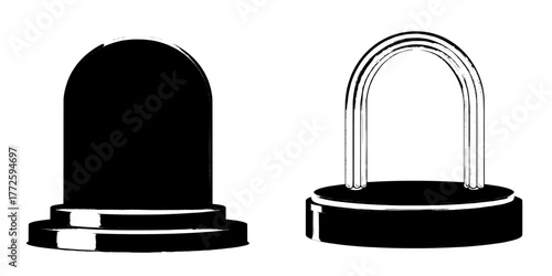 A vibrant orange background featuring a podium and archway, complete with a curved blank arch and round platform that shines with a bright neon glow, accompanied by a minimalist 3D pedestal in a