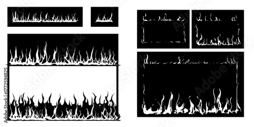 Frames ablaze with fiery corners and borders that resemble real flames, set against a black background with a burning fire effect and a glowing red and yellow blaze, symbolizing a hot and hellish