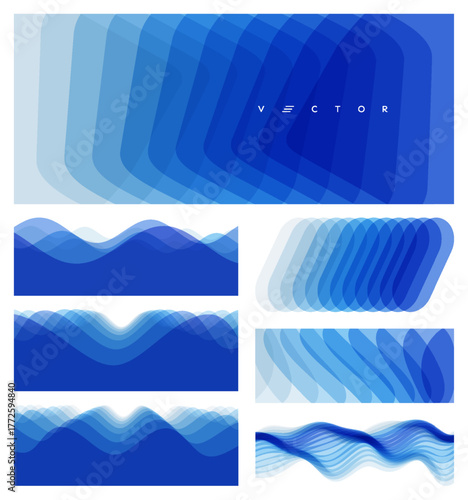A water wave formed by multiple overlapping stripes. Natural background. Dynamic effect of moving waves. Abstract ocean seascape. Sea surface. Vector design for a banner, poster, or flyer.