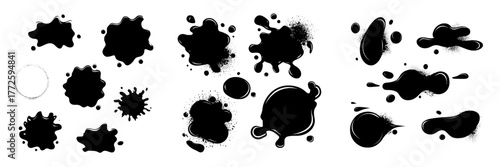 Vibrant ink stain silhouettes in the form of halftone blob shapes are isolated on a light background, paired with dotted grunge textures, rough spray spots, and a distressed splatter effect to create