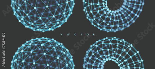 Halves of a sphere and a torus. Geometric shape for design. Molecular grid. Scientific illustration. Wireframe object. Vector for banner, poster, cover, brochure, presentation, etc.