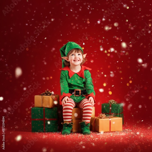 Adorable Child in Christmas Elf Costume with Gift Boxes and Snowfall