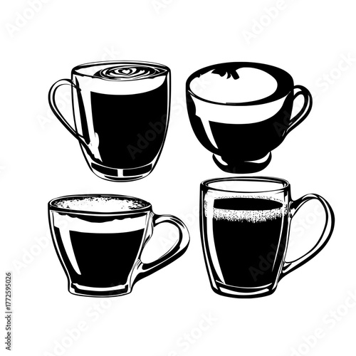 Transparent coffee glasses showcase various hot drinks, including cappuccino and latte with a foamy top, a strong shot of espresso, and a creamy beverage surface