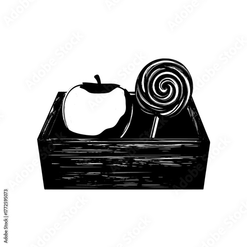 In the wooden box, an overhead view reveals a green apple and a pink candy lollipop on brown planks, where a swirled sweet treat lies beside fresh fruit, illustrating the combination of a sugary