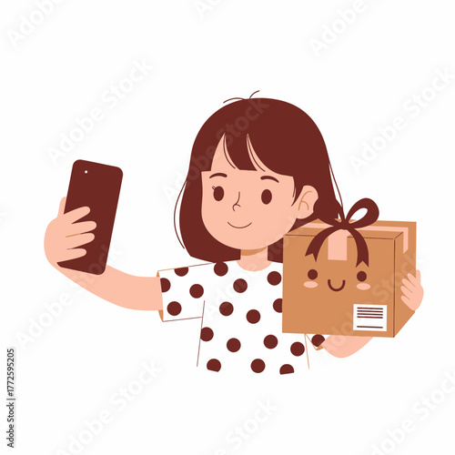 Young girl happily taking a selfie with a cute gift box, celebrating a special delivery.