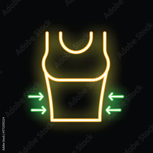 Neon sign depicting a woman's torso wearing tight clothing, with arrows indicating pressure and discomfort in the abdominal area