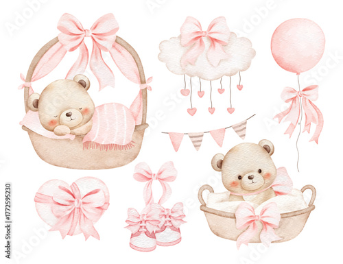 Watercolor Illustration Set of Baby Teddy Bears and Nursery Elements