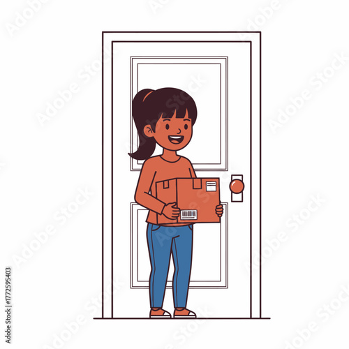 Happy young woman receiving a delivery package at her door.