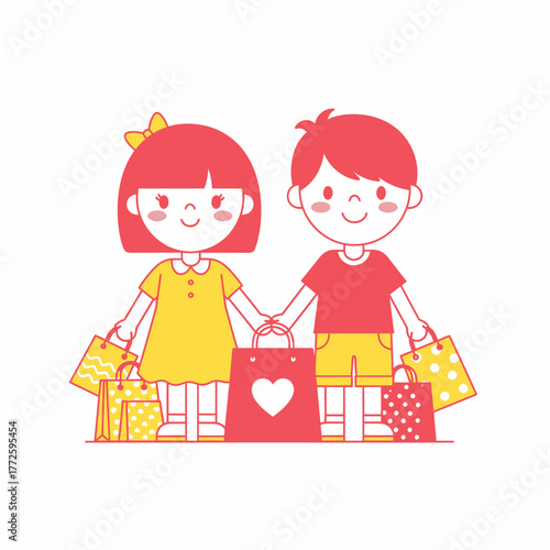 Happy children holding hands with shopping bags after buying gifts together.