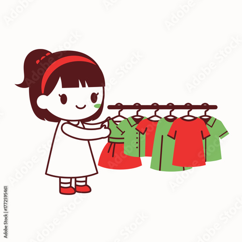 Cute cartoon girl with clothes on a rack.