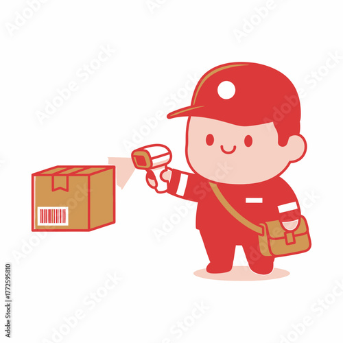 Cartoon Delivery Man Scanning Package with Barcode Scanner.