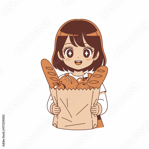 Cute anime girl holding a paper bag filled with freshly baked bread and baguettes.