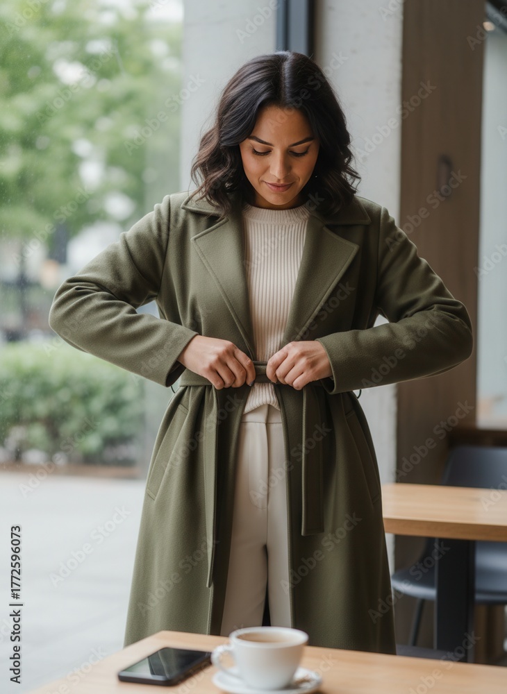 Naklejka premium Stylish woman tying the belt of her olive green coat in a modern cafe. Chic female fashion for the autumn season