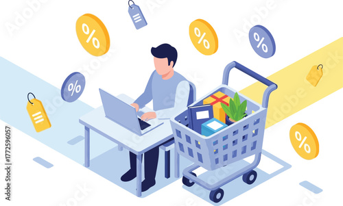 Online shopping with laptop and cart full of gifts and discounts.