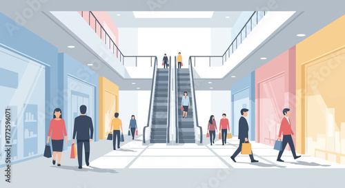 Illustration of people in a shopping mall with escalators and storefronts.