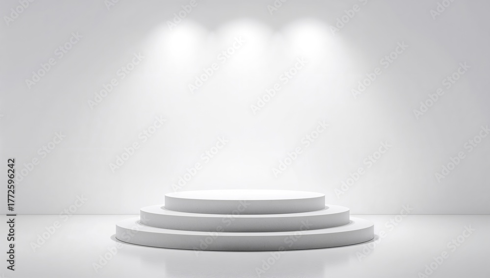 Fototapeta premium Minimalist white platform with bright spotlights and blank backdrop for showcasing products and advertisements