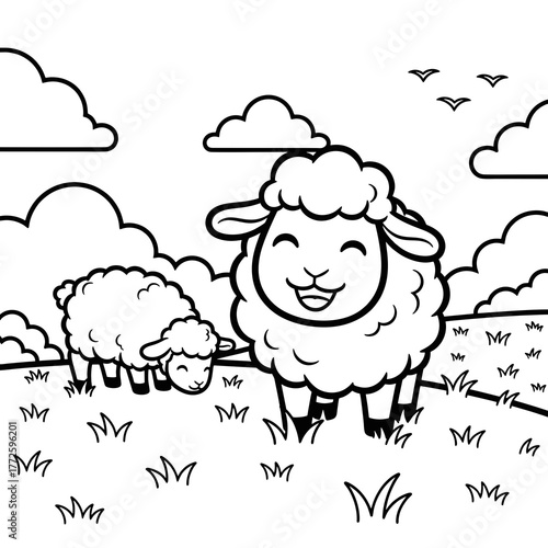 Two sheep are grazing in a field with clouds the sheep are smiling and happy the field is full of grass and the sky is blue