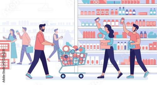 Illustration of people shopping in a grocery store with shelves stocked with various products.