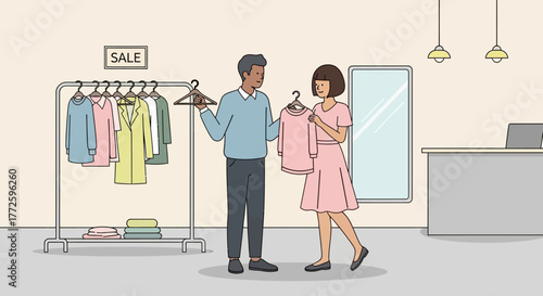 Woman and man shopping for clothes in a store with a sale sign.