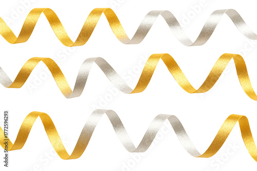 Gold and silver ribbons in wavy style. Festive decoration.