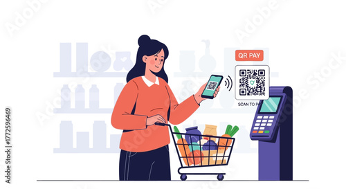 Woman paying with her smartphone at the checkout in a supermarket using a QR code.