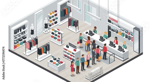 Isometric view of a clothing store with customers at checkout.