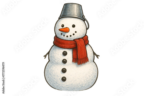 Illustrated snowman with bucket hat. Festive atmosphere.